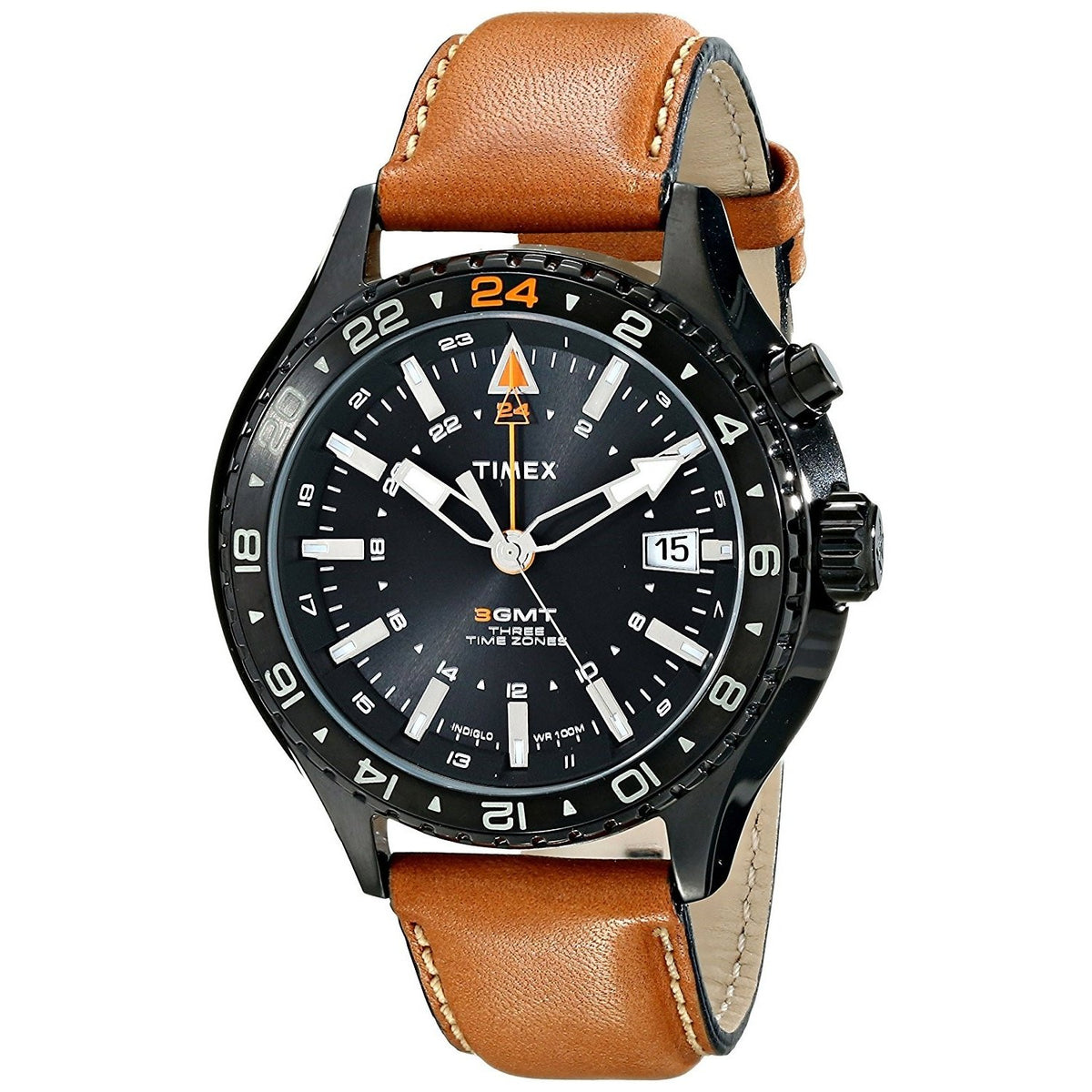 Timex Men&#39;s T2P427 Indiglo GMT Three Time Zones Brown Leather Watch
