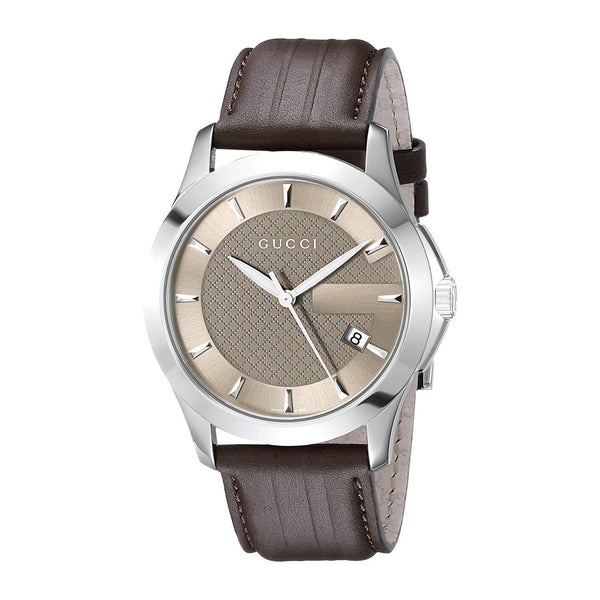 Gucci Men's YA126403 G-Timeless Brown Leather Watch - Bezali