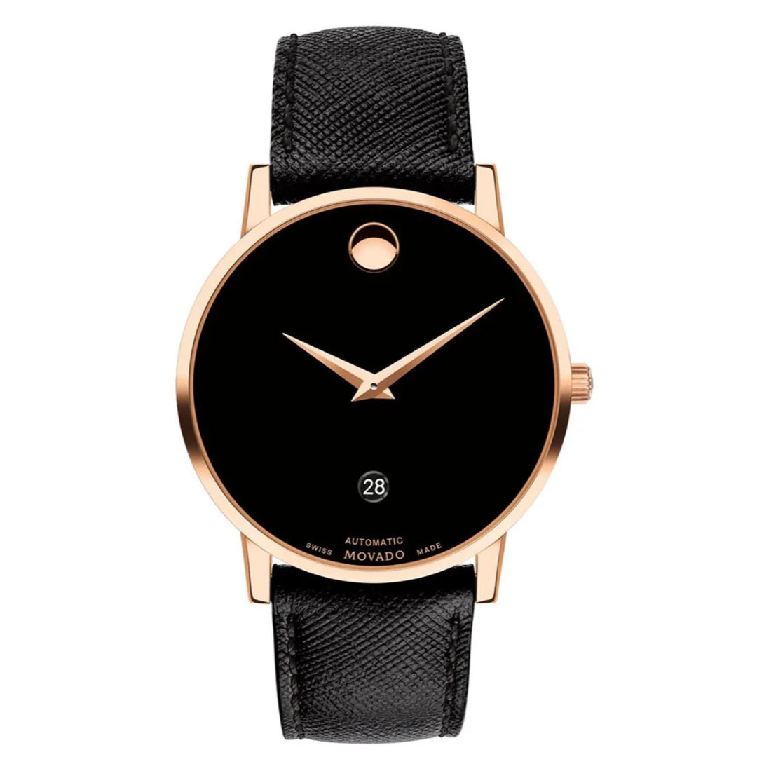 Movado Museum Classic Men's Automatic Black Dial Rose Gold-Tone Case Leather Strap Watch 0607474