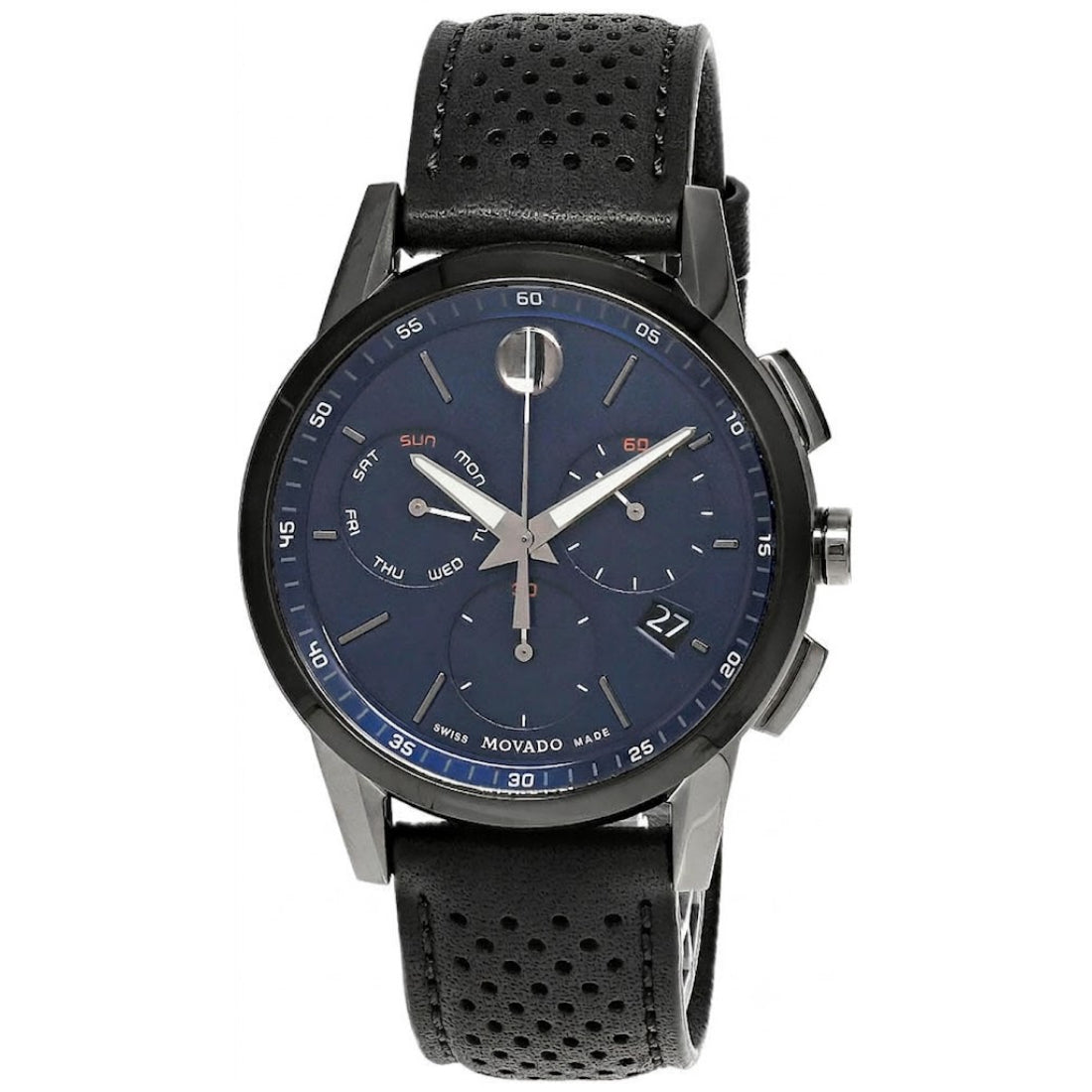 Movado Museum Sport Men's Quartz Blue Dial Black Leather Strap Watch 0607475