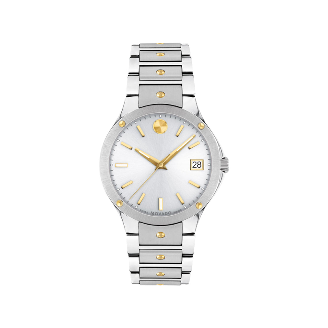 Movado SE Women's Quartz Silver Sunray Dial Gold Accent Bracelet Watch 0607516