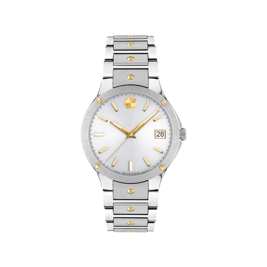 Movado SE Women's Quartz Silver Sunray Dial Gold Accent Bracelet Watch 0607516