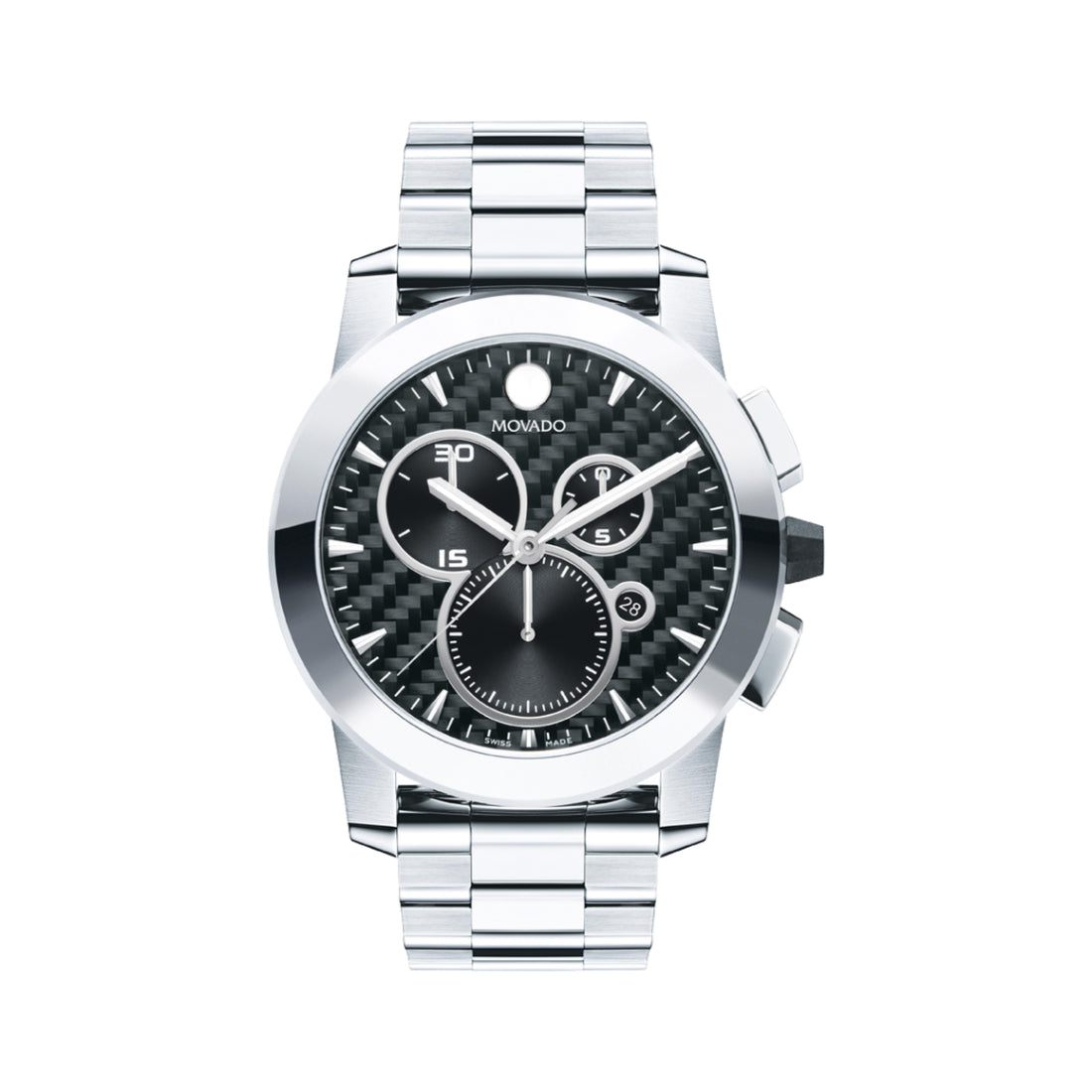 Movado Vizio Men's Quartz Black Carbon Fiber Dial Stainless Steel Bracelet Watch 0607544