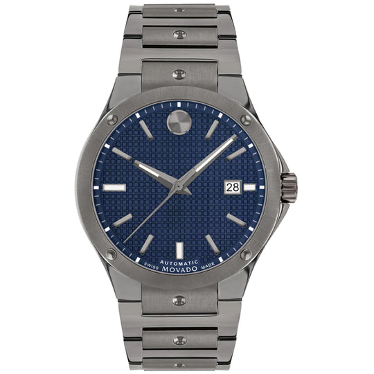 Movado SE Men's Quartz Blue Dial Anthracite PVD Grey Bracelet Watch 0607553