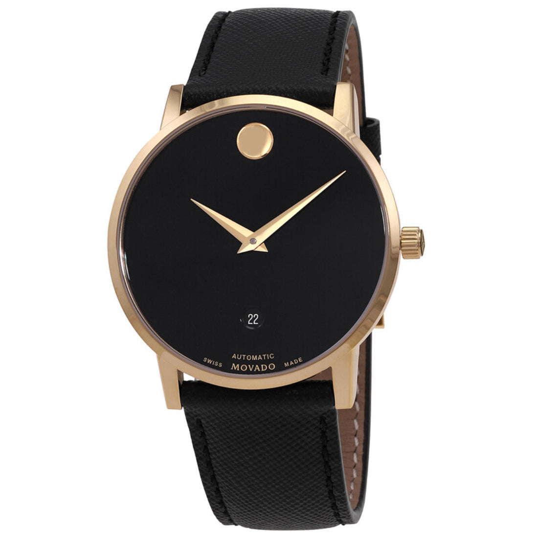 Movado Museum Classic Men's Automatic Black Dial Gold-Tone Case Black Leather Strap Watch 0607566
