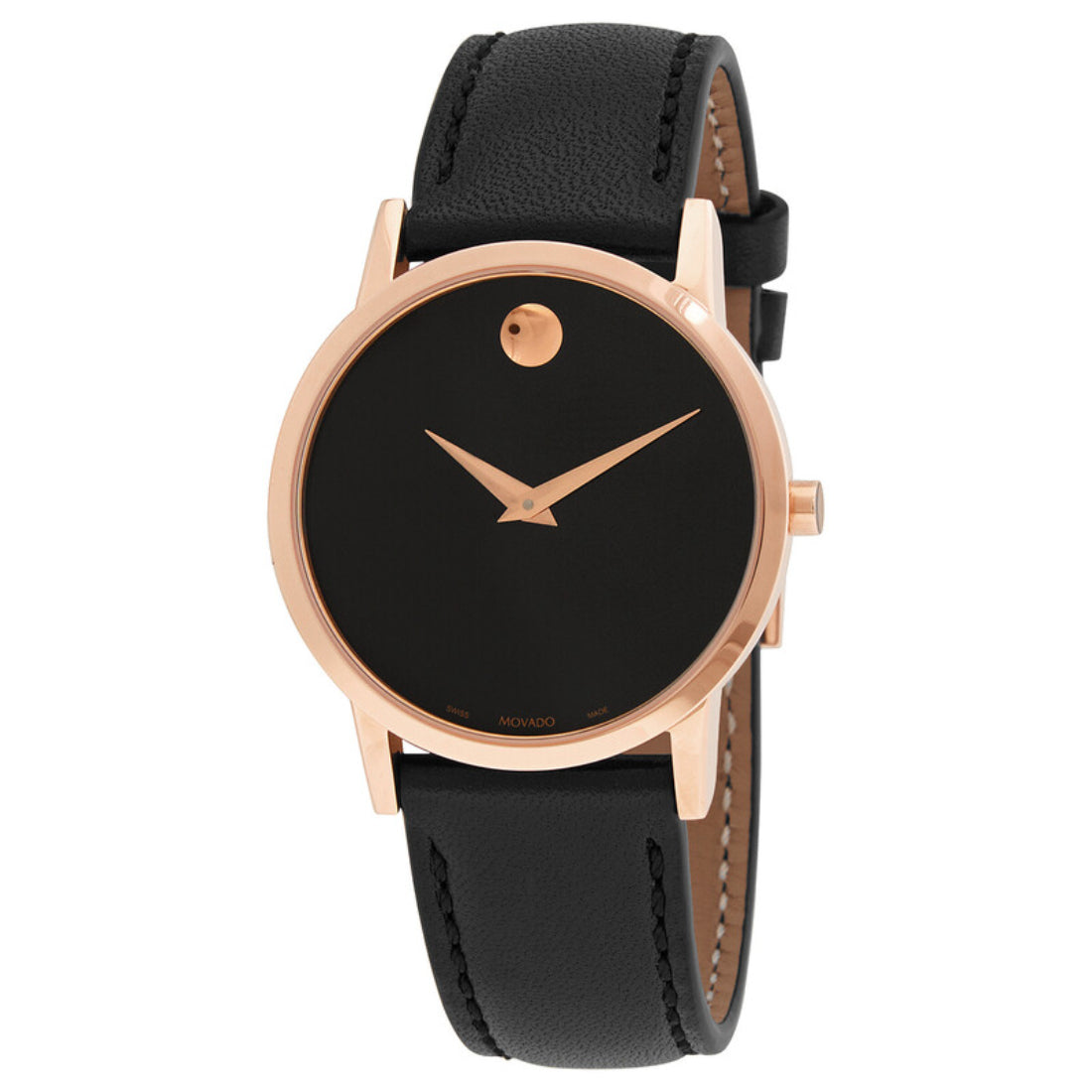 Movado Museum Classic Women's Quartz Black Dial Rose Gold-Tone Case Leather Strap Watch 0607585