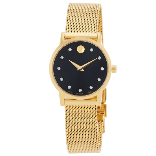 Movado Museum Classic Women's Quartz Black Dial Yellow Gold-Tone Bracelet Watch 0607628