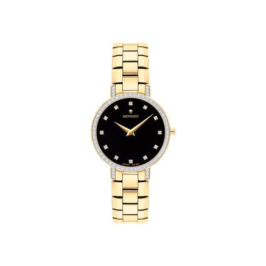 Movado Faceto Women's Quartz Black Dial Yellow Gold-Tone Bracelet Watch 0607644