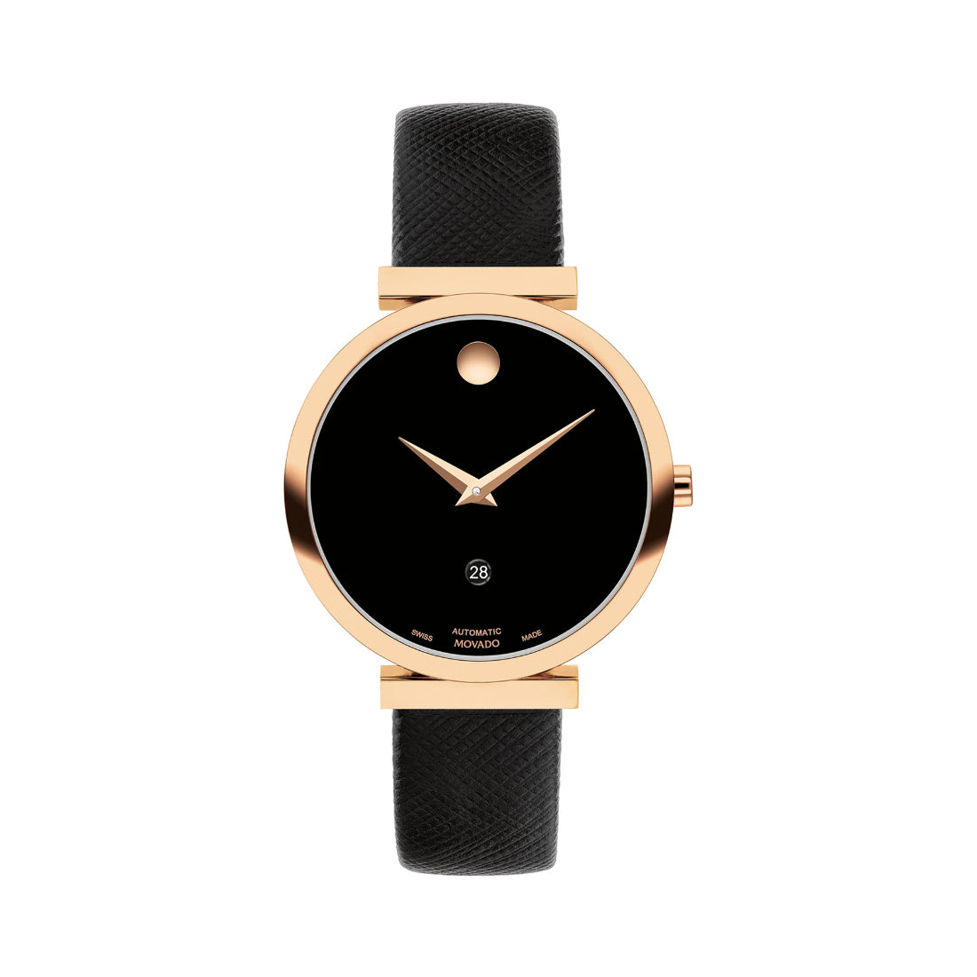 Movado Museum Classic Women's Automatic Black Dial Rose Gold-Tone Case Leather Strap Watch 0607677