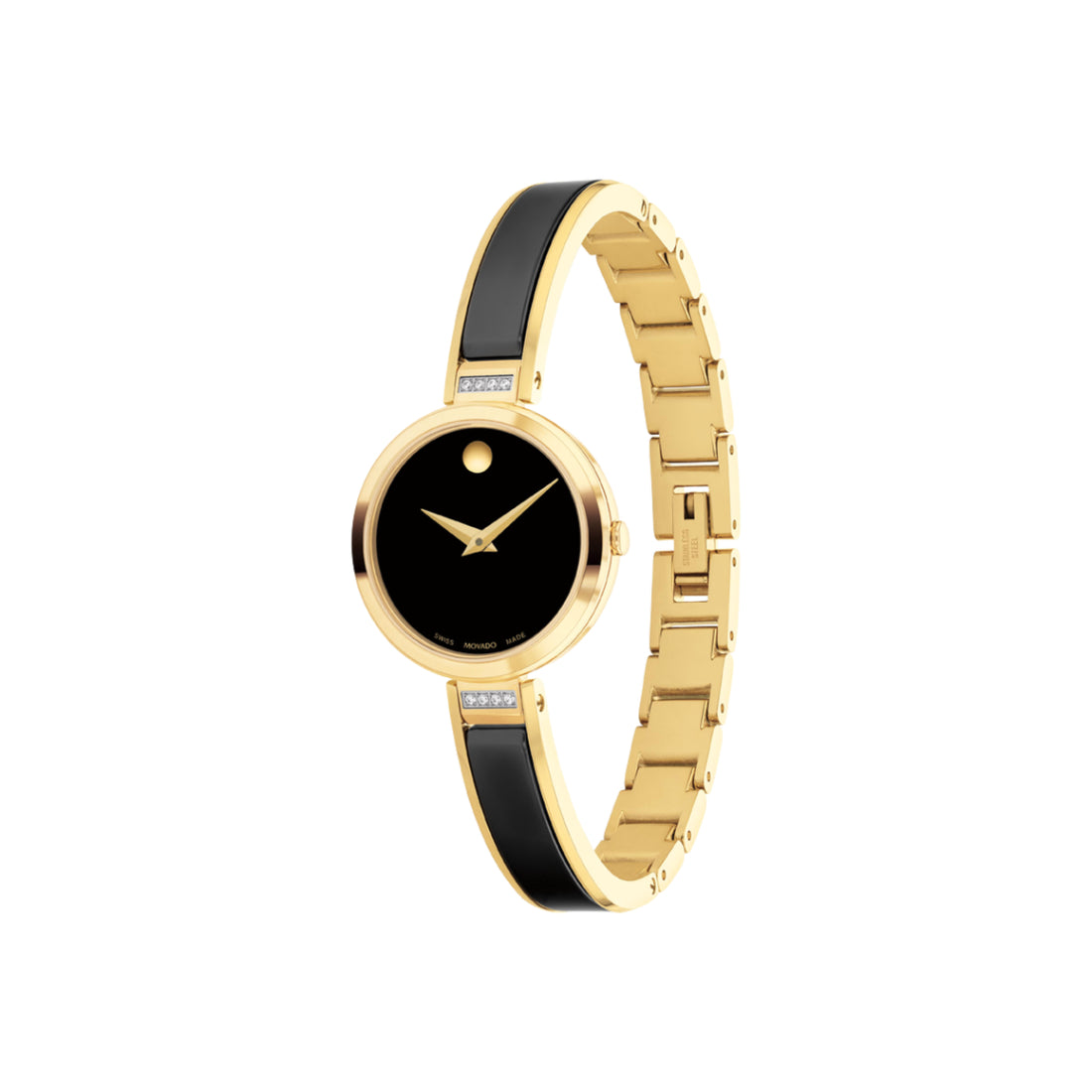 Movado Moda Women's Quartz Black Dial Black Ceramic & Gold Wide Bangle Watch 0607716