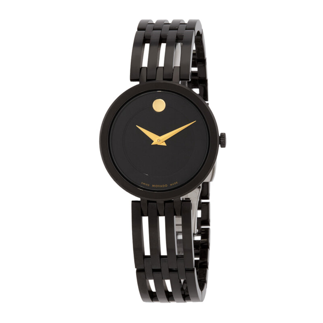 Movado Esperanza Women's Quartz Black Dial Gold-Tone Case Black Bracelet Watch 0607786