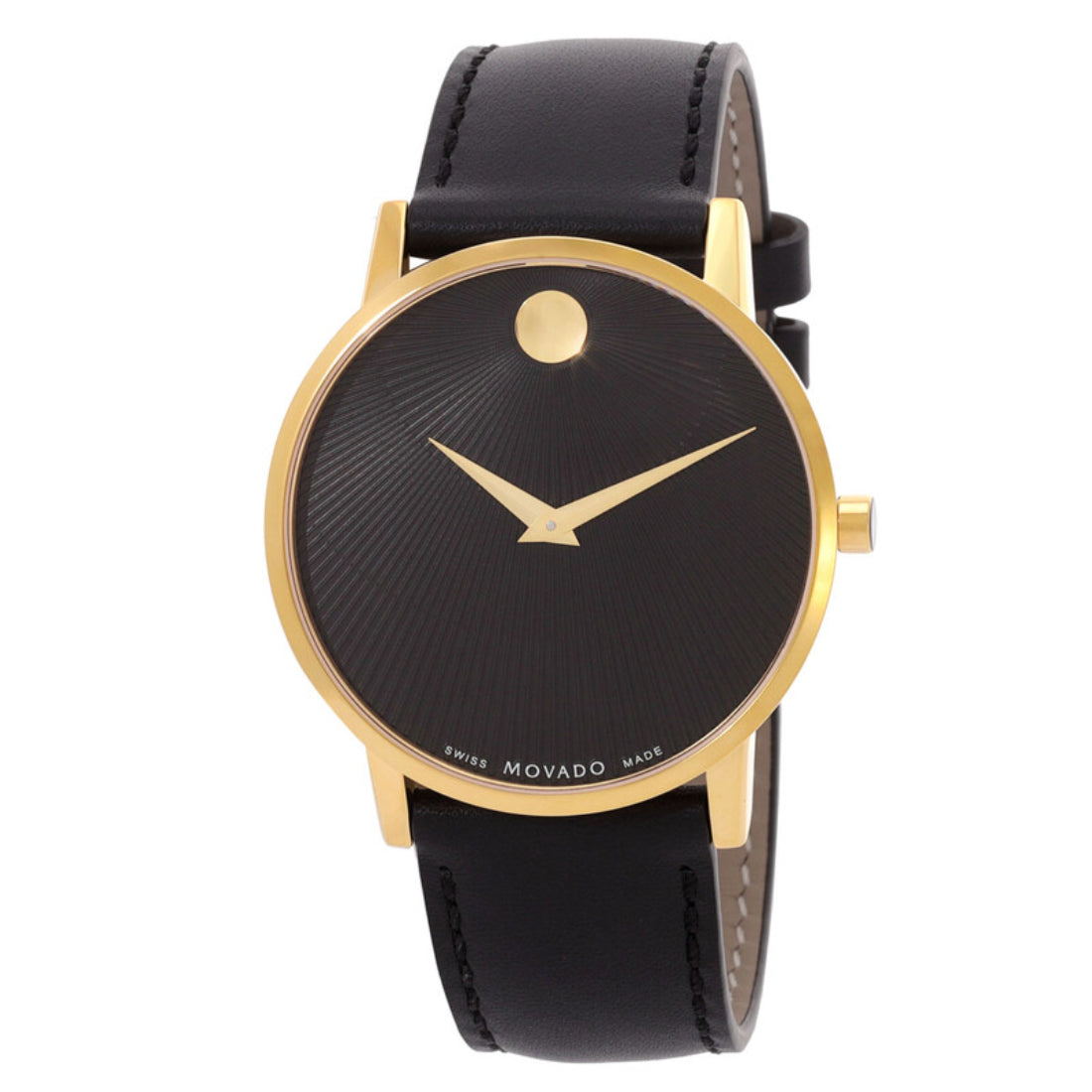 Movado Museum Classic Men's Quartz Black Burst Dial Gold-Tone Case Leather Strap Watch 0607799