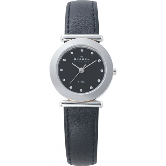 Skagen 107 Series Women's Black Dial Black Leather Strap Quartz Watch 107SSLB