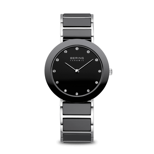 Bering Ceramic Collection Women's Silver with Black Ceramic center links Bracelet Quartz Watch - 11435-749
