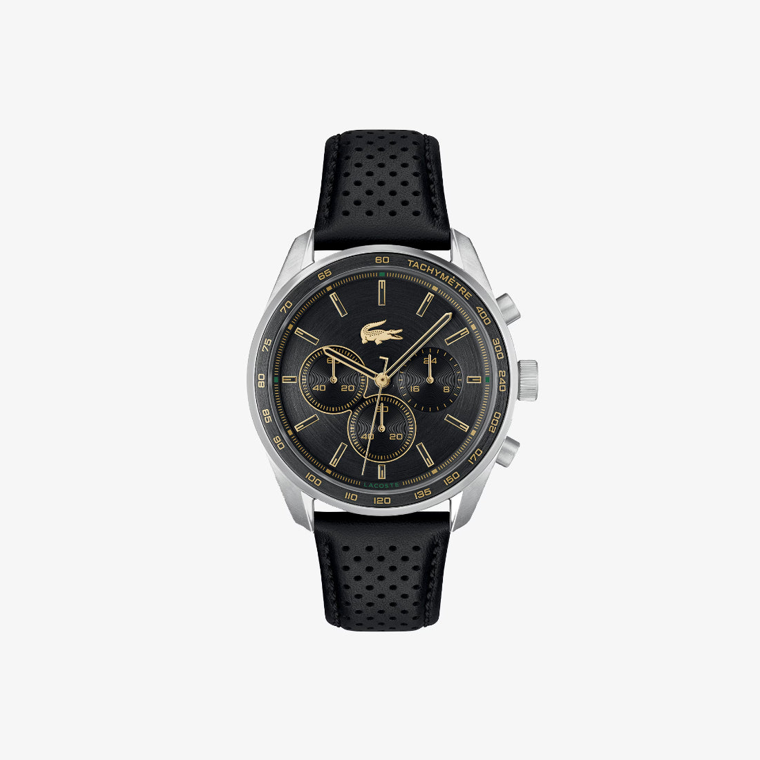 Lacoste Boston Men's Black Dial Black Leather Strap Gold-Tone Case Quartz Watch 2011379