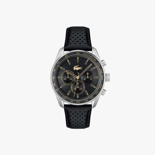 Lacoste Boston Men's Black Dial Black Leather Strap Gold-Tone Case Quartz Watch 2011379