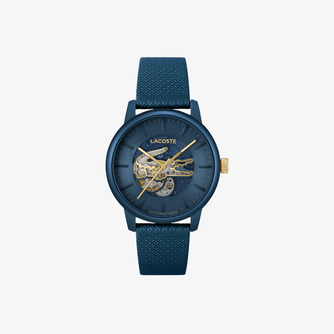 Lacoste L.12.12 Men's Blue Skeleton Dial Blue Leather Strap Aluminum Case Quartz Watch 2011385