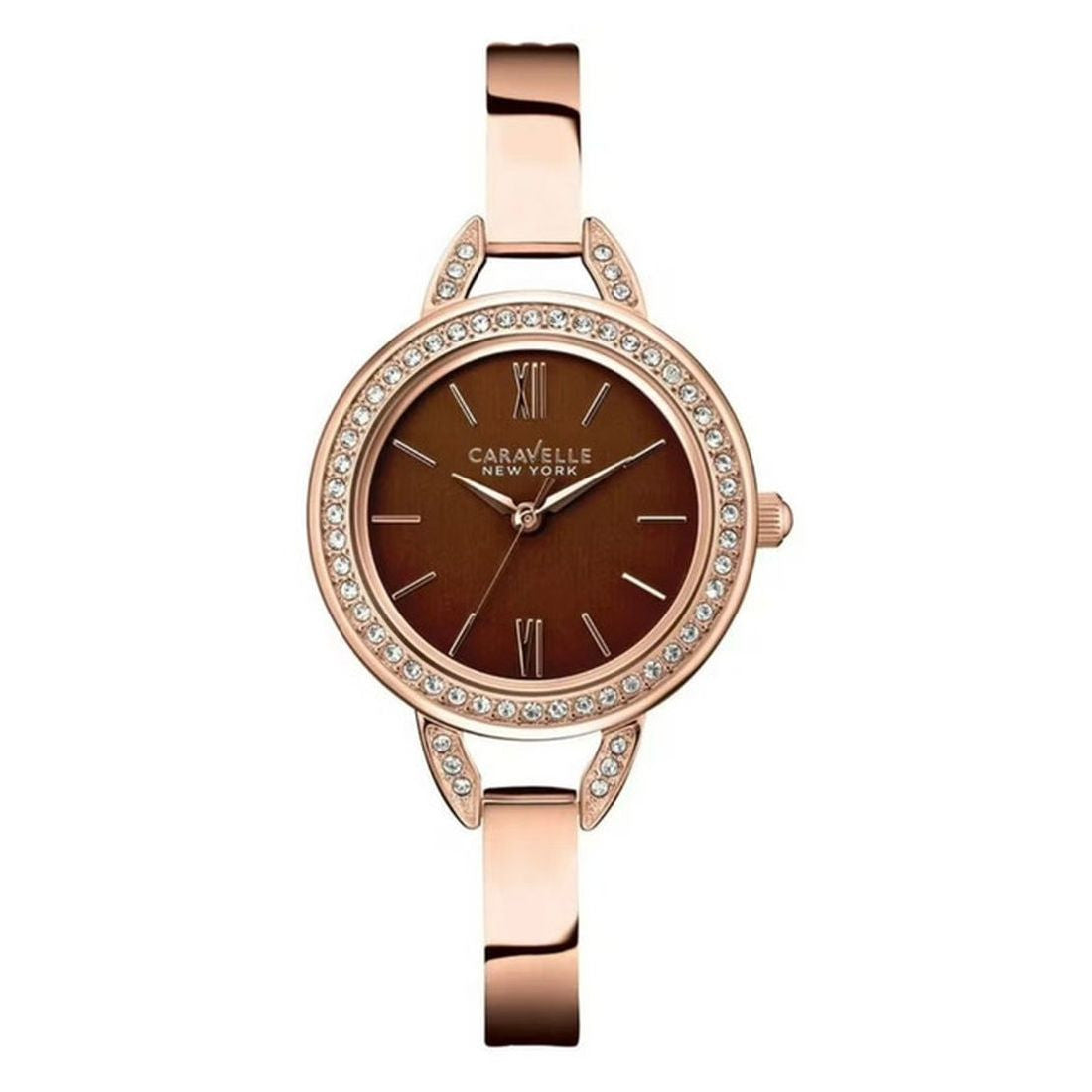 Caravelle Crystal Collection Women's Rose Gold-tone Bangle Bracelet Quartz Watch - 44L134