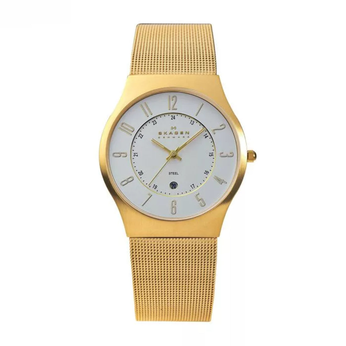 Skagen Slimline Men's White Dial Gold-Tone Mesh Bracelet Quartz Watch 233XLGG