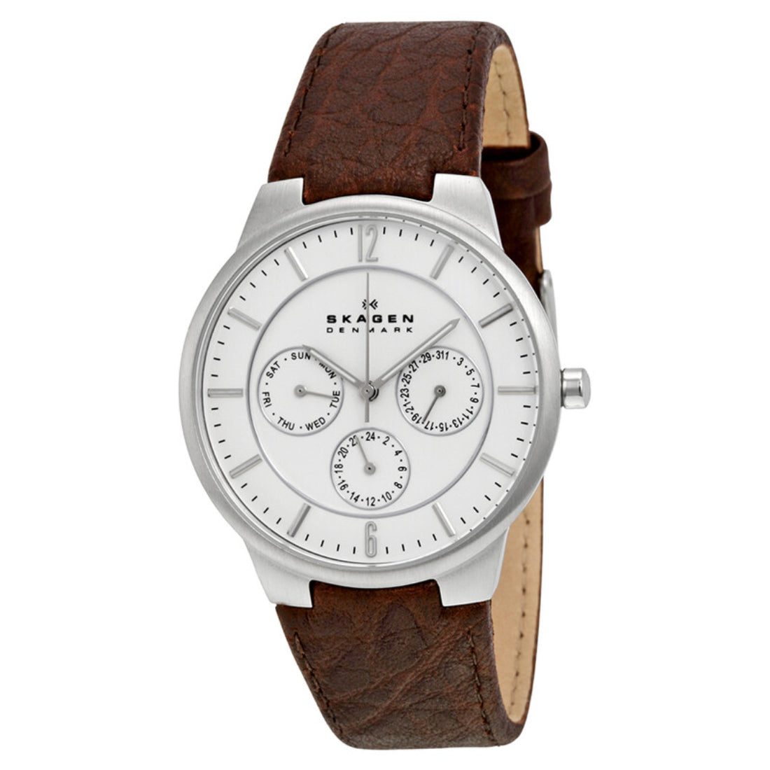 Skagen Men's White Dial Brown Leather Strap Quartz Watch 331XLSL1