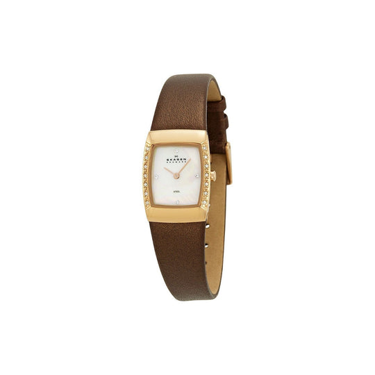 Skagen Women's Mother-of-Pearl Dial Gold-Tone Leather Quartz Watch 684XSRLD