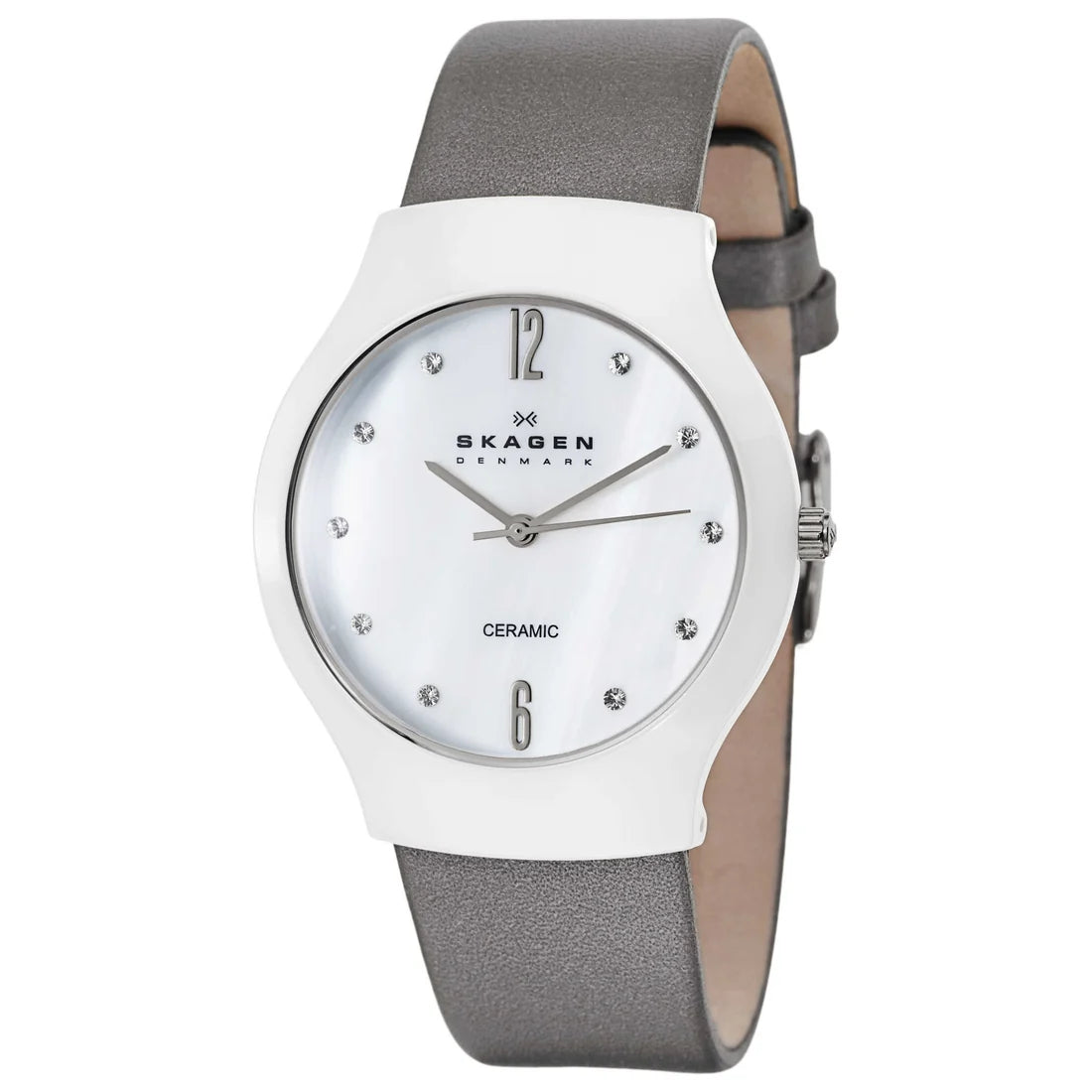Skagen Ceramic Women's White Dial Gray Leather Strap Quartz Watch 817SWLMLC