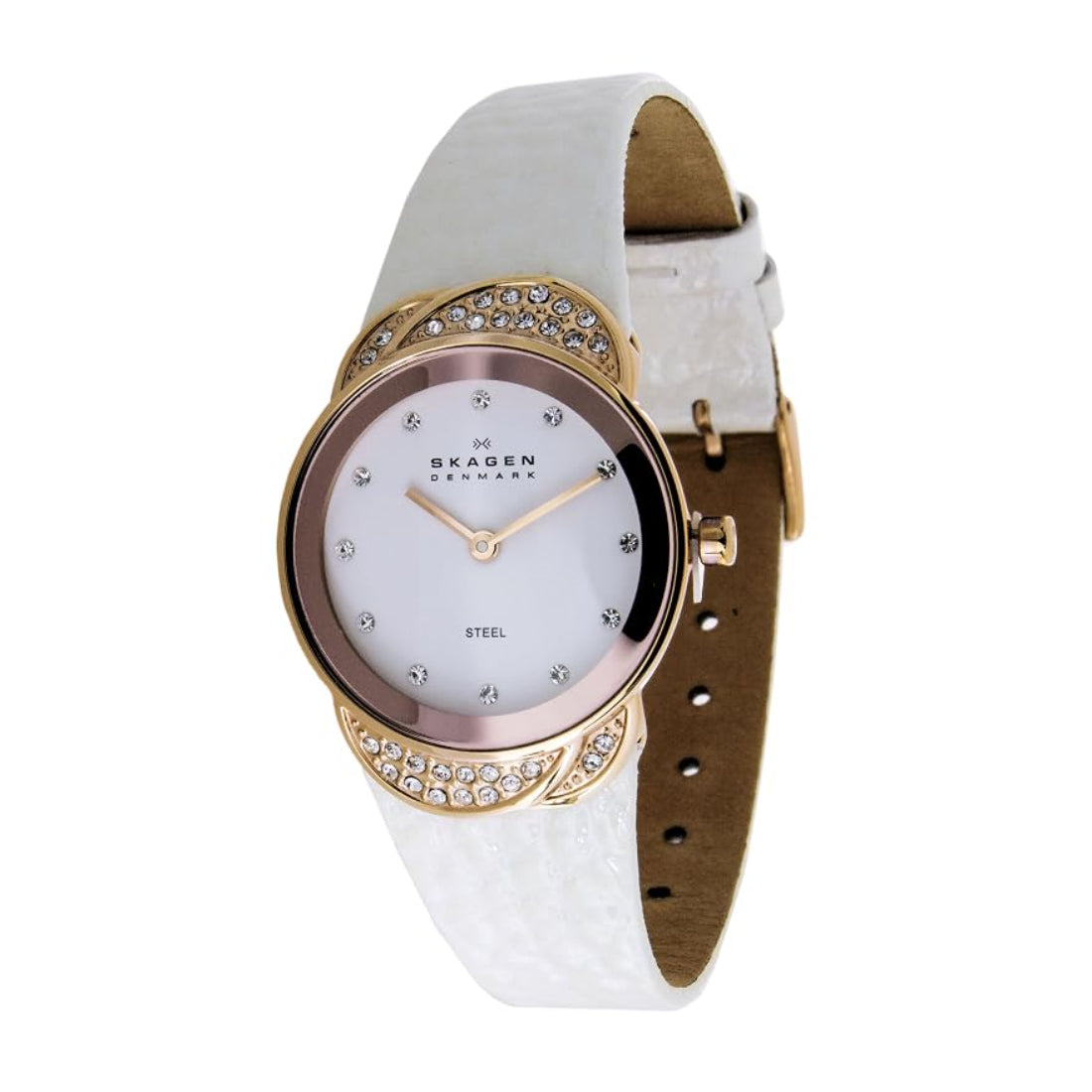 Skagen Women's White Dial Rose Gold-Tone White Leather Quartz Watch 818SRLW