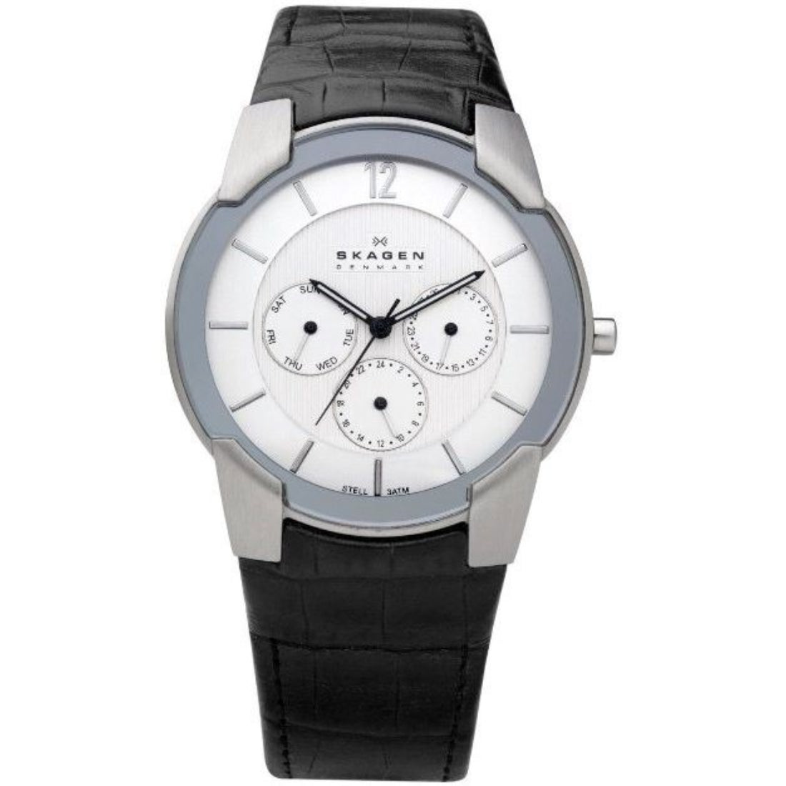 Skagen Men's Silver Dial Black Leather Strap Quartz Watch 856XLSLC