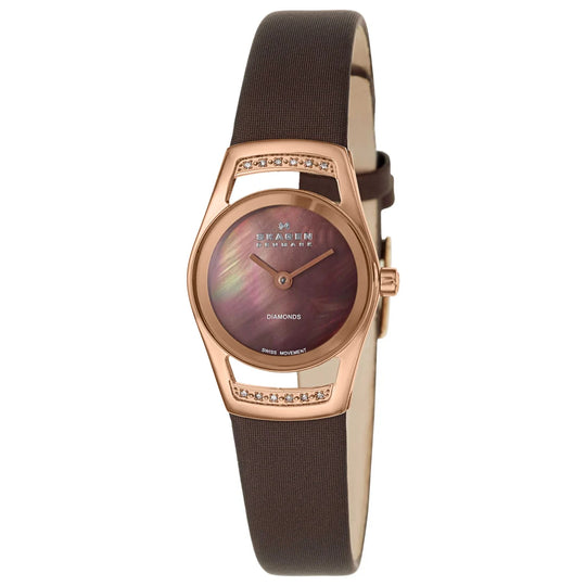 Skagen Diamond Women's Brown Dial Rose Gold-Tone Leather Quartz Watch 982SRLD