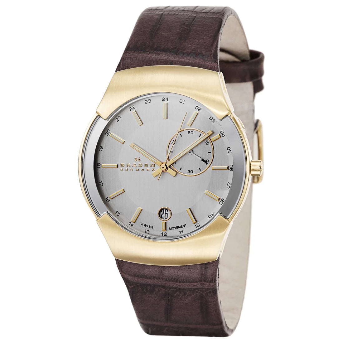 Skagen Black Label Men's Silver Dial Gold-Tone Leather Quartz Watch 983XLGLD