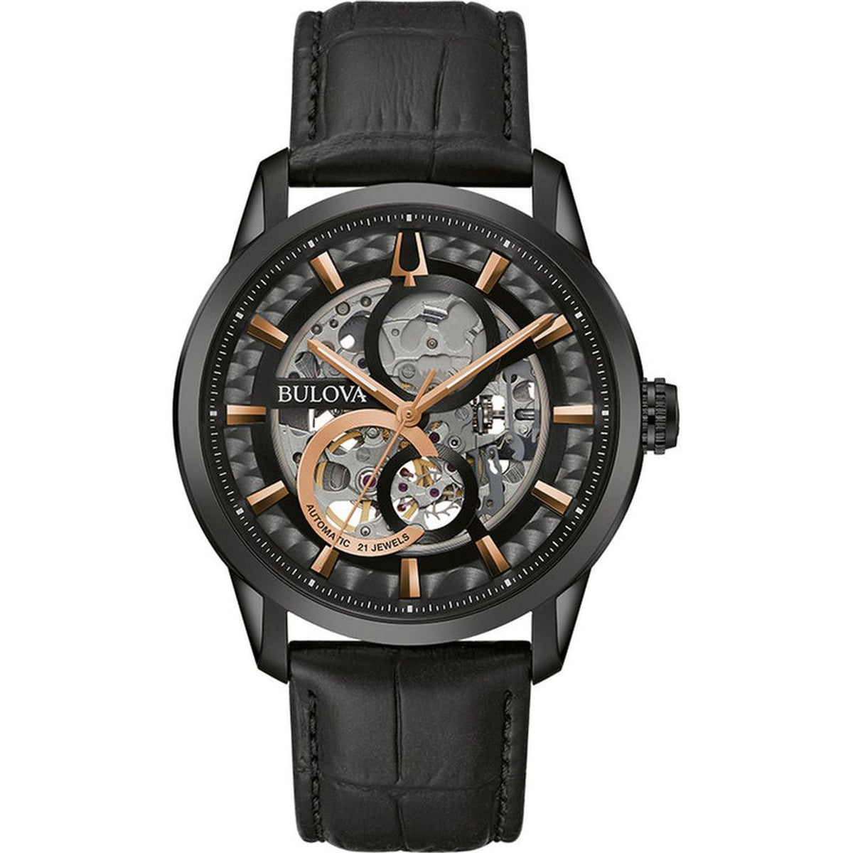 Bulova Sutton Skeleton Men's Black Strap Automatic Watch - 98A283