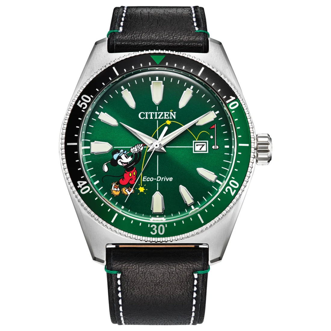 Citizen Eco-Drive Disney Tee Time Mickey / Mickey Sport Collection Men's Black with Green Contrast Stitching Strap Quartz Watch - AW1595-01W