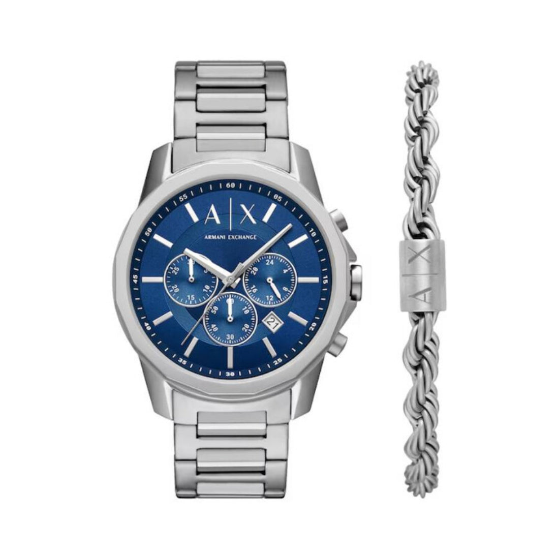 Armani Exchange Banks Men's Silver-tone Bracelet Quartz Watch & Bracelet Set - AX7176SET