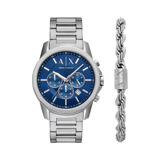 Armani Exchange Banks Men's Silver-tone Bracelet Quartz Watch & Bracelet Set - AX7176SET