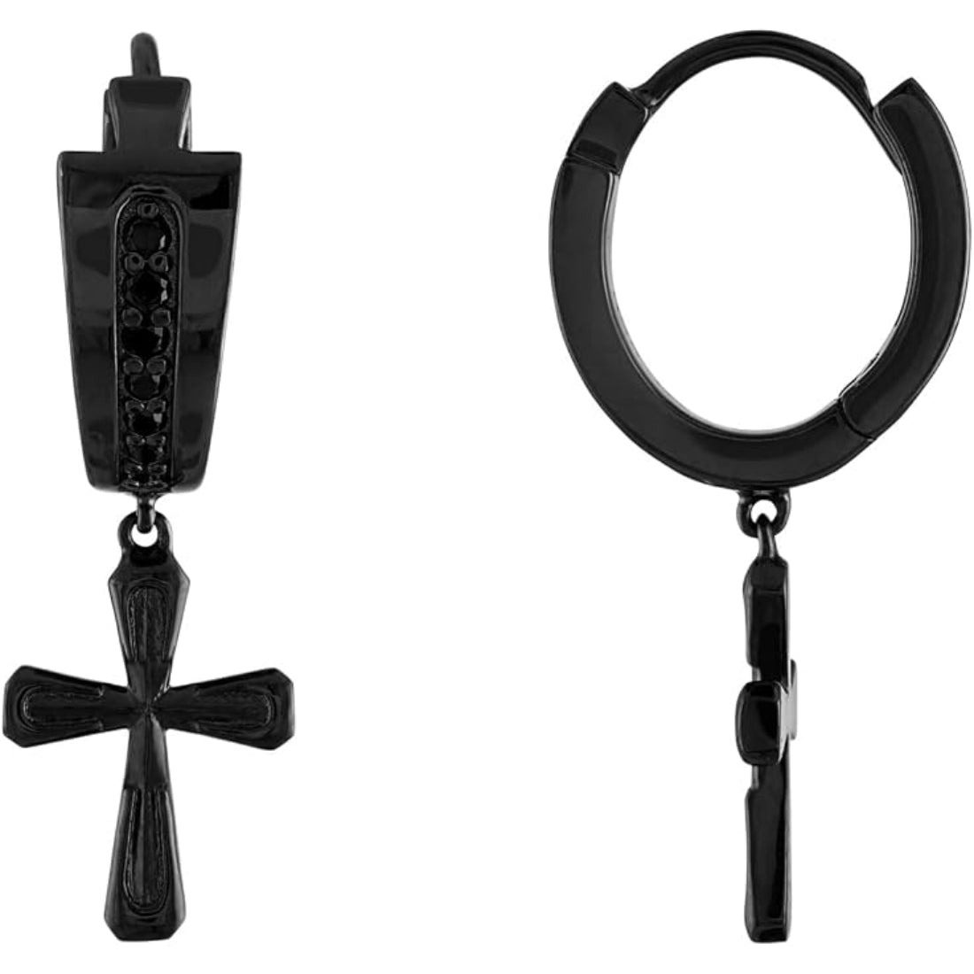 Bulova Icon Men's Jewelry Sterling Silver Plated Ruthenium Black Diamond Cross Dangle Hoop Earrings
