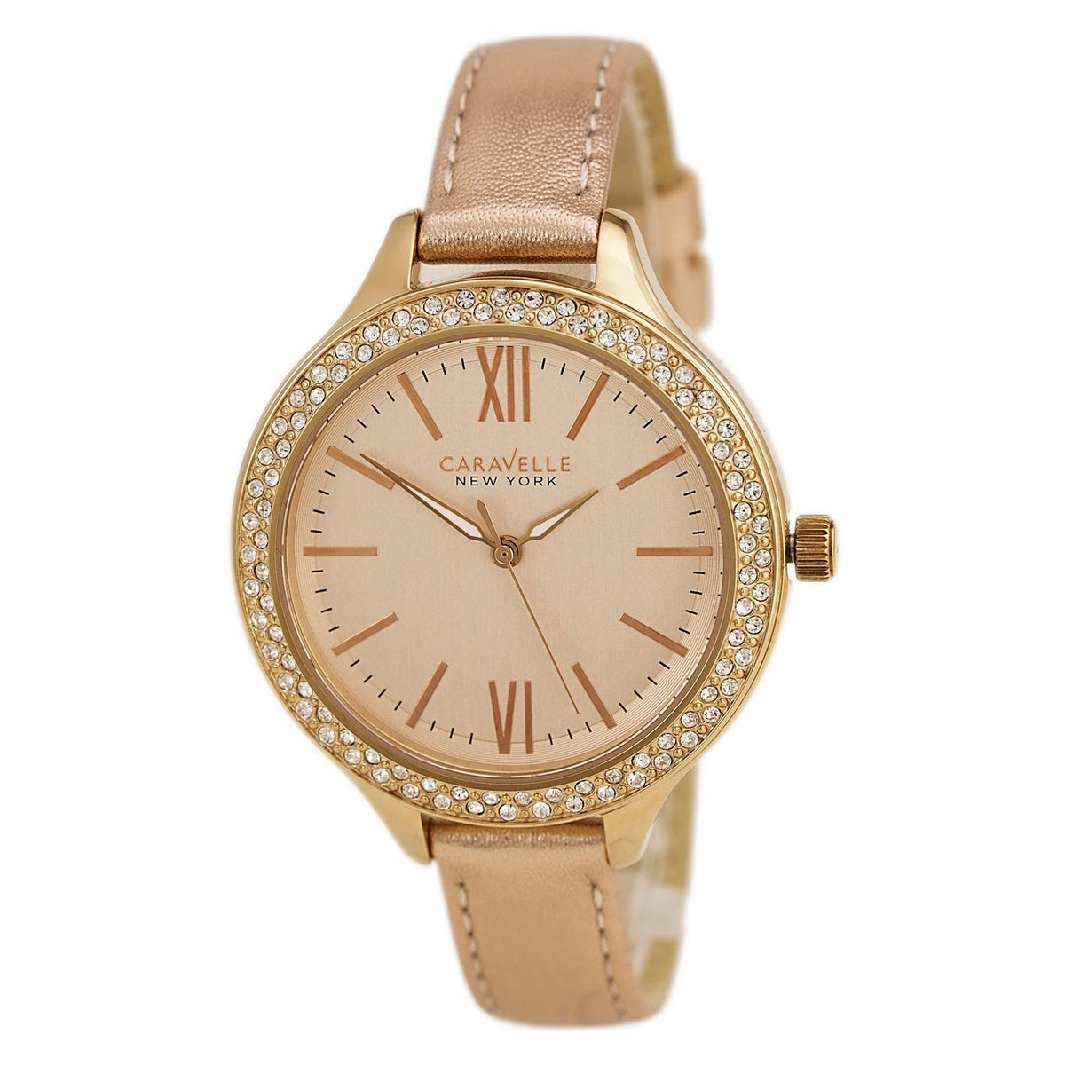 Caravelle Crystal Collection Women's Metallic Rose Gold-tone Strap Quartz Watch - 44L132