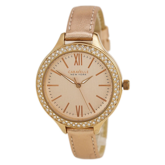 Caravelle Crystal Collection Women's Metallic Rose Gold-tone Strap Quartz Watch - 44L132