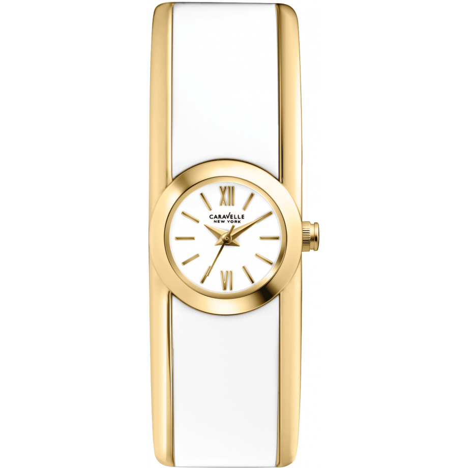 Caravelle New York Bangle Women's White and Gold-tone Hinged Bangle Bracelet Quartz Watch - 44L144