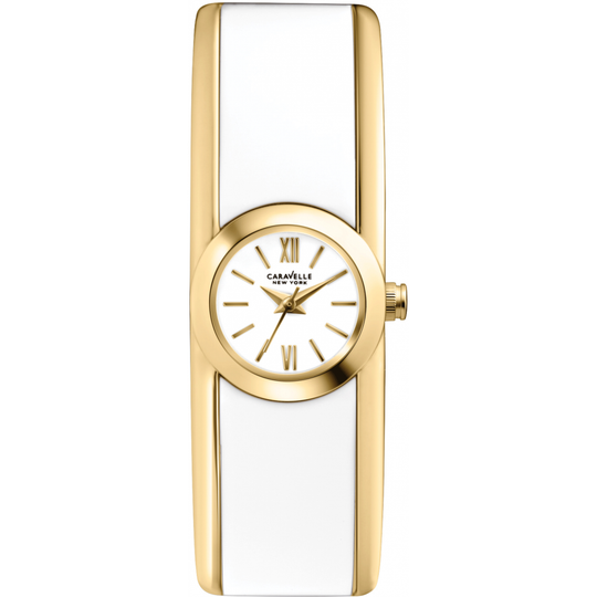 Caravelle New York Bangle Women's White and Gold-tone Hinged Bangle Bracelet Quartz Watch - 44L144