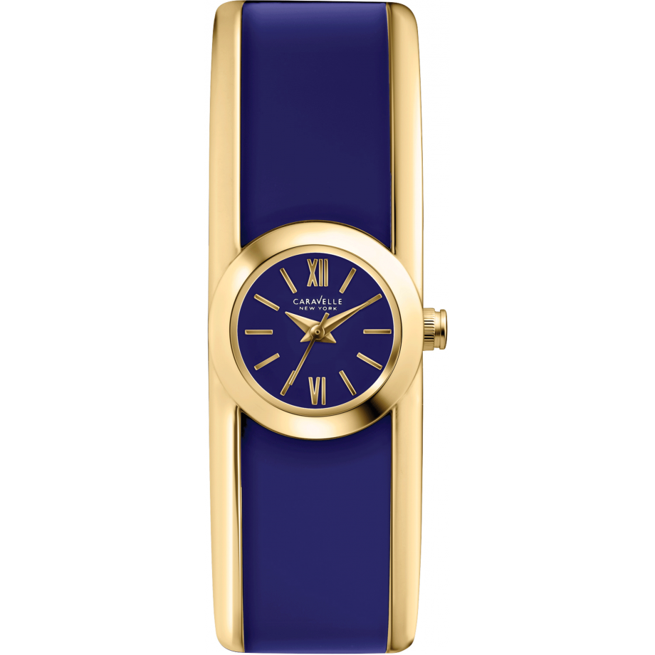 Caravelle New York Bangle Women's Gold-tone and Blue Bangle bracelet with glossy blue acetate overlay Quartz Watch - 44L145