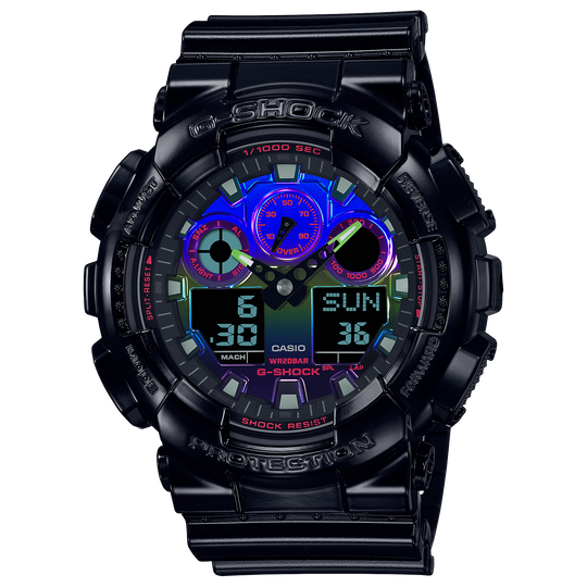 Casio G-Shock GA-100 Series (Virtual Rainbow Collection) Men's Glossy Black Strap Quartz Watch - GA100RGB-1A