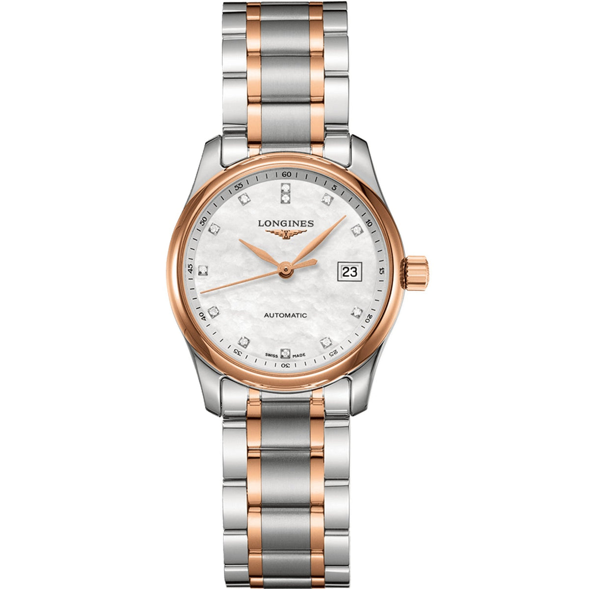 Longines Women&#39;s L2.257.5.89.7 Silver-tone Stainless Steel with 18kt Rose Gold Cap Links Watch