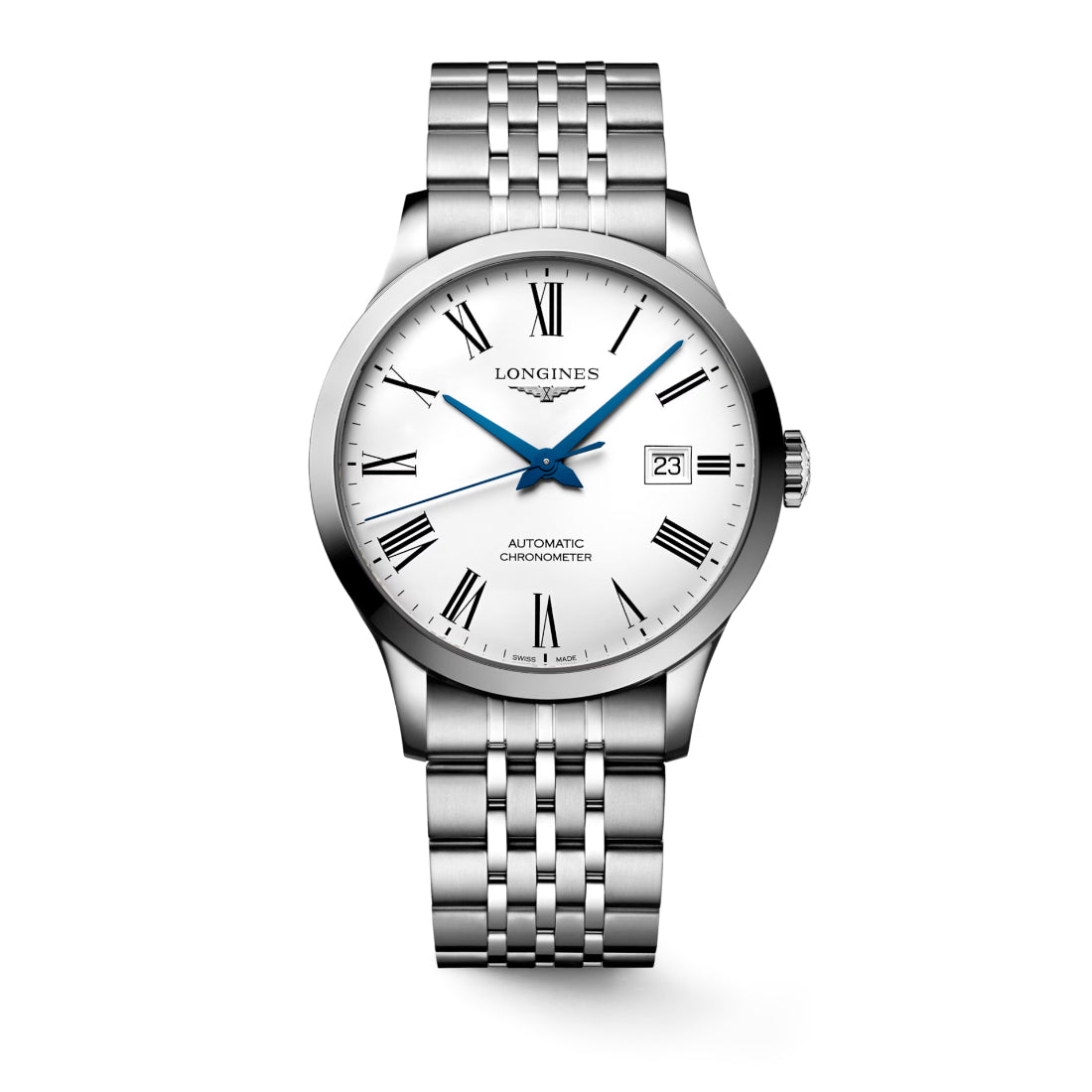 Longines Record Men's White Matte Dial Stainless Steel Bracelet Automatic Dress Watch L2.821.4.11.6