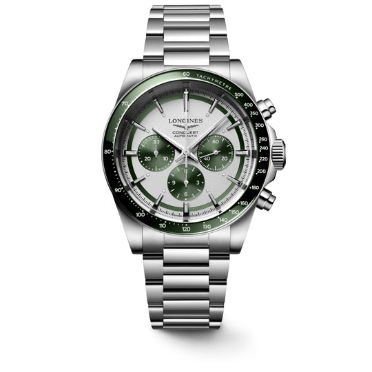 Longines Conquest Chronograph Men's Silver Matte Dial Green Bezel Stainless Steel Bracelet Automatic Watch L3.835.4.02.6