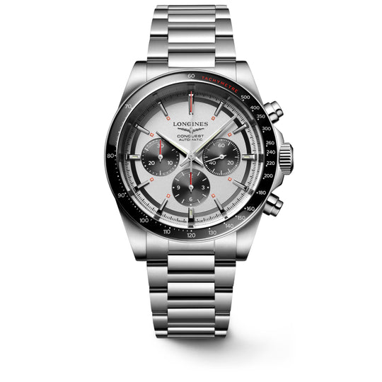 Longines Conquest Chronograph Men's Silver Dial Black Counters Stainless Steel Bracelet Automatic Watch L3.835.4.72.6