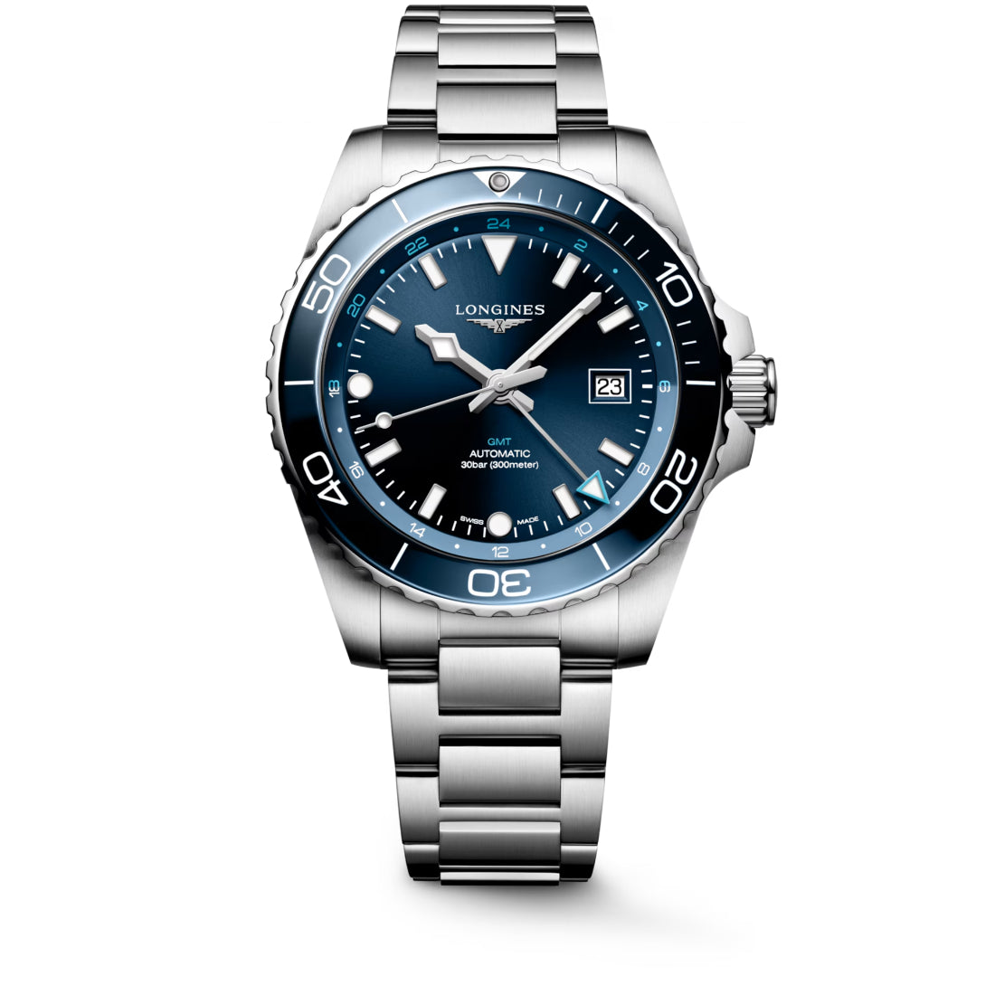 Longines HydroConquest GMT Men's Sunray Blue Dial Stainless Steel Bracelet Automatic Sport Watch L3.890.4.96.6