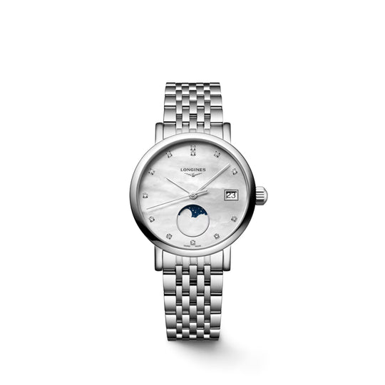 Longines Elegant Collection Moonphase Women's White Mother-of-Pearl Dial Stainless Steel Bracelet Quartz Watch L4.330.4.87.6