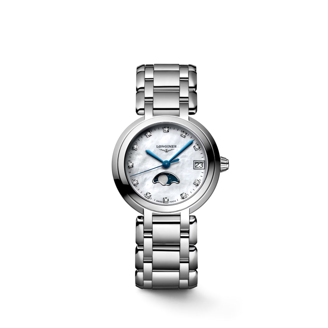 Longines PrimaLuna Moonphase Women's White Mother-of-Pearl Dial Stainless Steel Bracelet Quartz Watch L8.115.4.87.6
