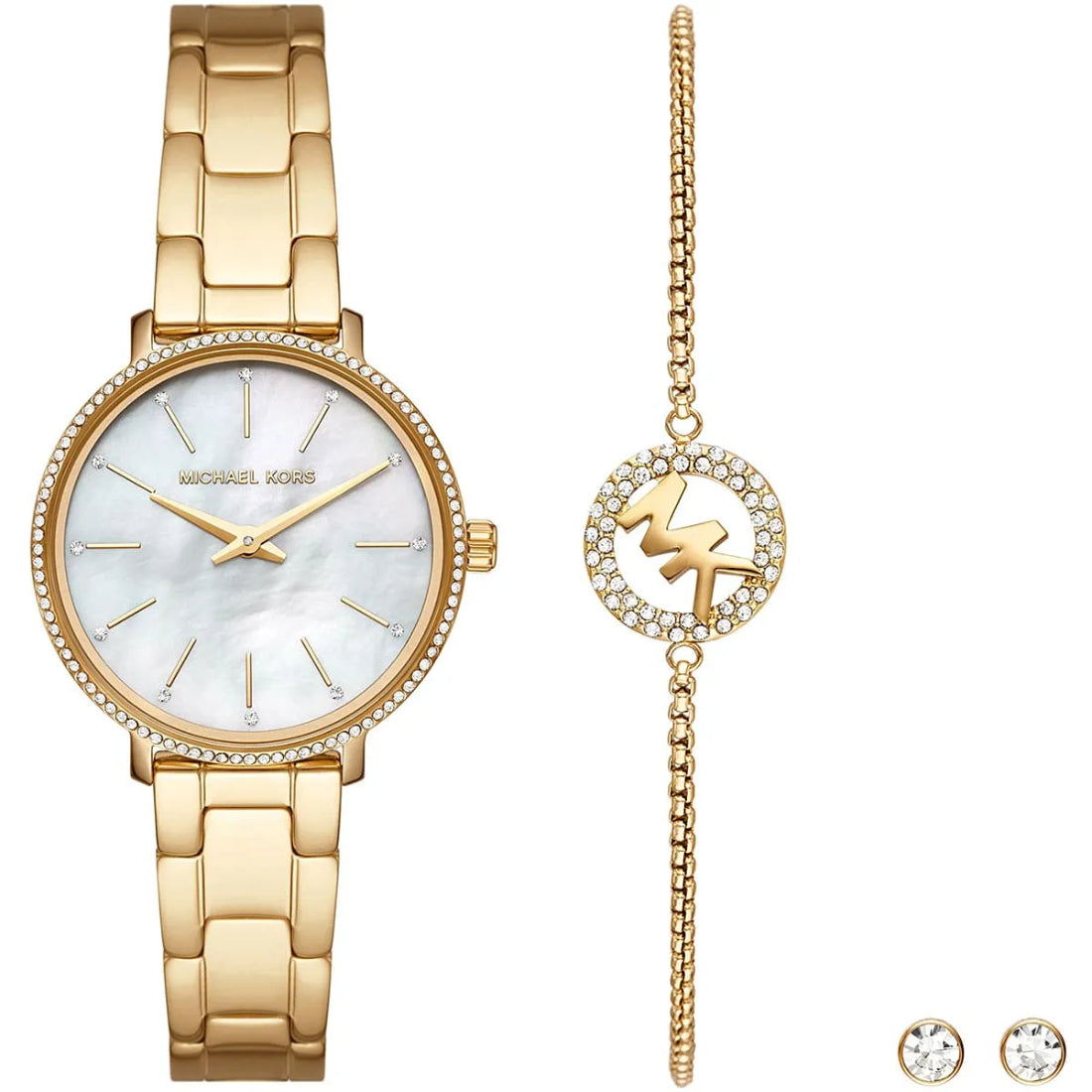 Michael Kors Pyper Women's White Mother-of-Pearl Dial Gold-Tone Stainless Steel Bracelet Quartz Watch MK1065 SET