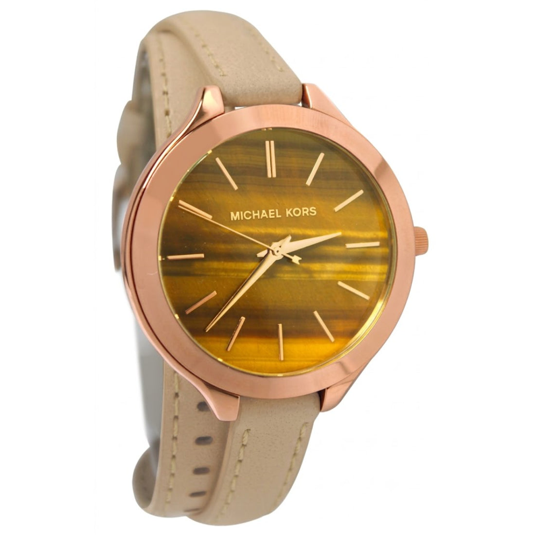 Michael Kors Slim Runway Tigers Eye Women's Brown Dial Beige Leather Strap Quartz Watch MK2328